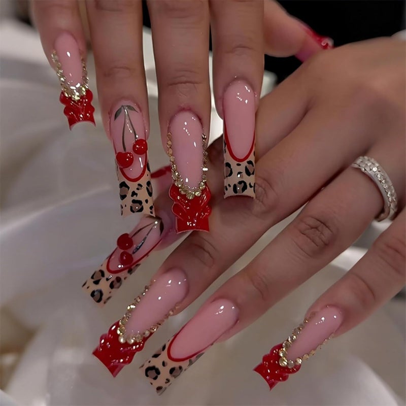 SEENEEY Long Press on Nails Square Red Cherry Stick on Nail for Women 24pcs - Image 1